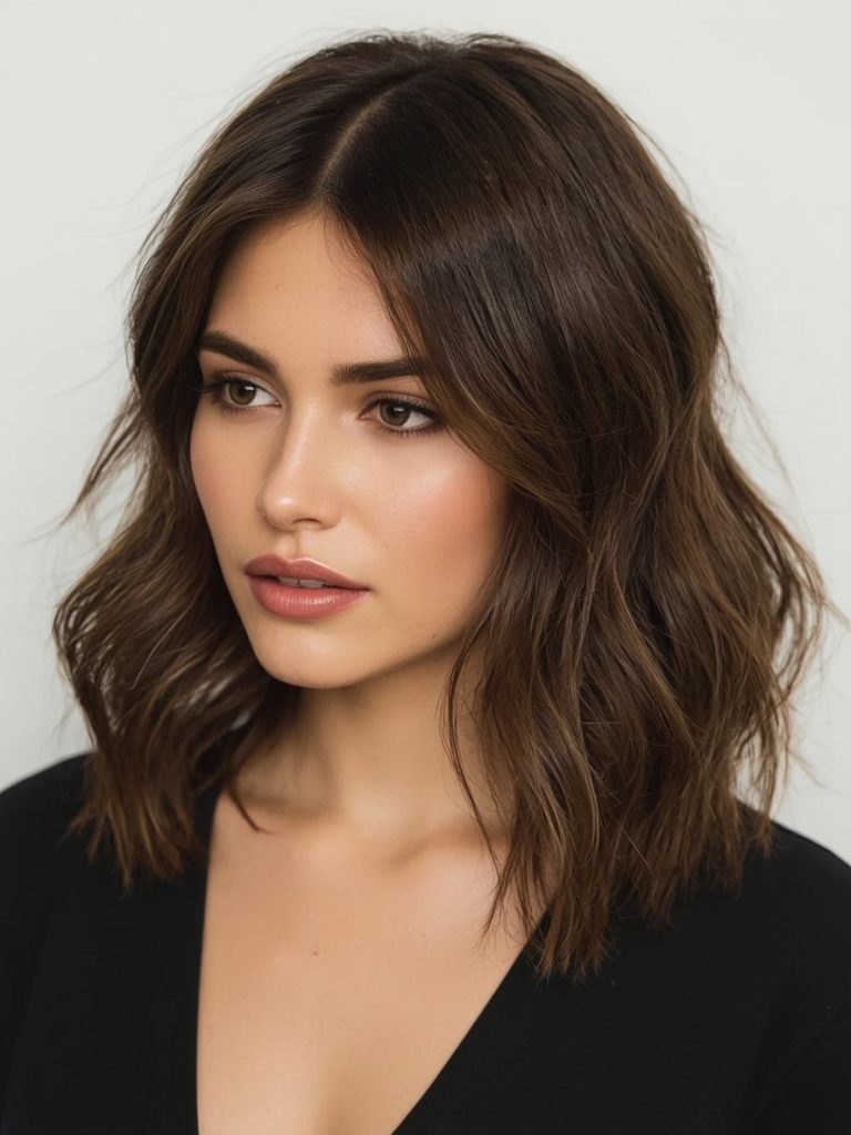 Butterfly Haircut Long Hair For Round Face: Chocolate-Toned Balayage