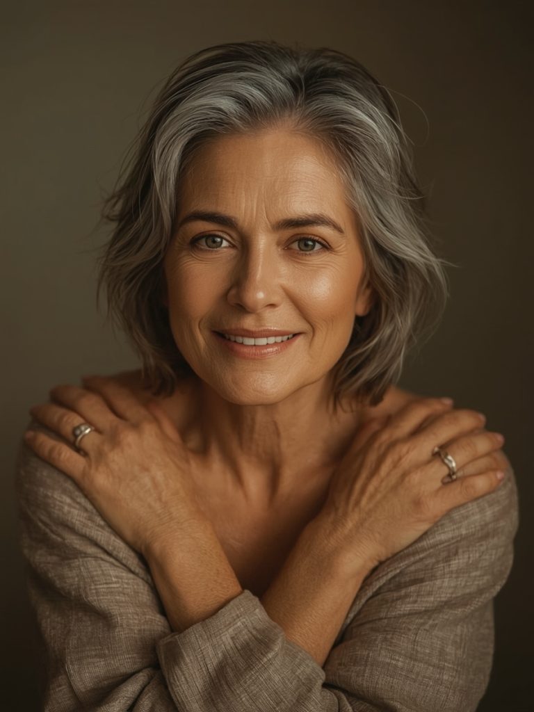 Long Hair Older Women: Layered Cut with Curtain Bangs