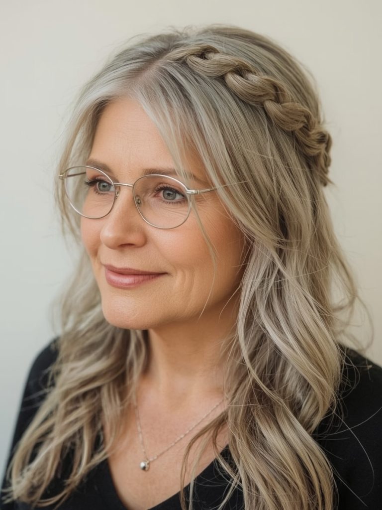 Long Hair Older Women: Tousled Waves with a Deep Side Part