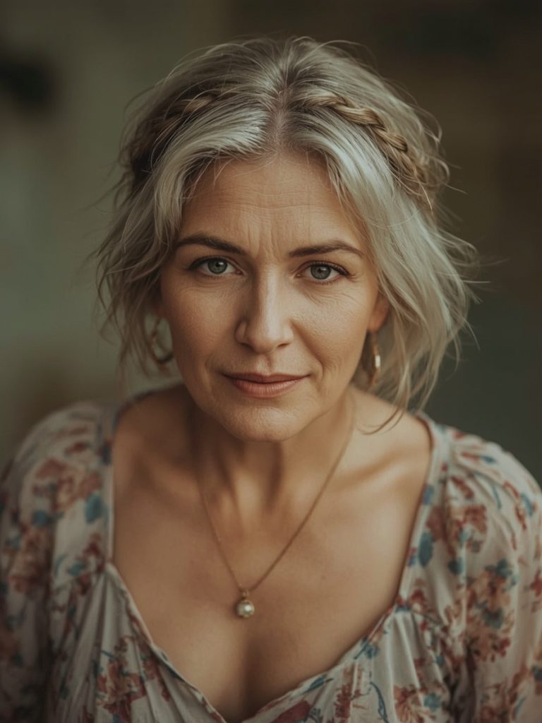 Long Hair Older Women: Braided Crown for a Bohemian Vibe