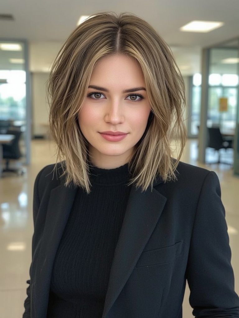 Angled Bob Haircut with Rooted Blonde