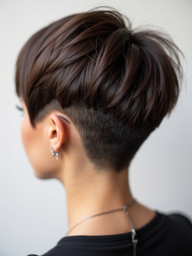 Stacked Pixie Haircut Back View: With Thick Bangs