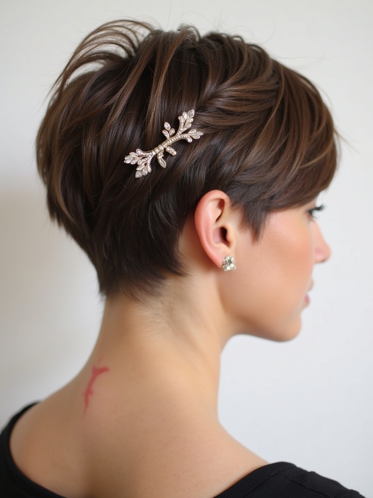 Stacked Pixie Haircut Back View: With a Barrette