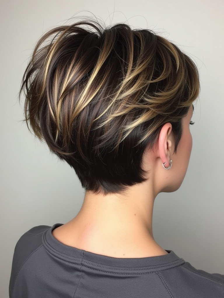 Stacked Pixie Haircut Back View: With Long Sideburns