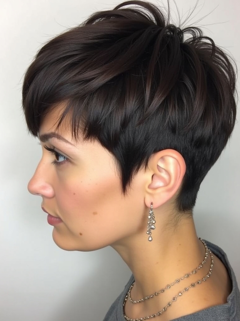Stacked Pixie Haircut Back View: With Side Swept Bangs