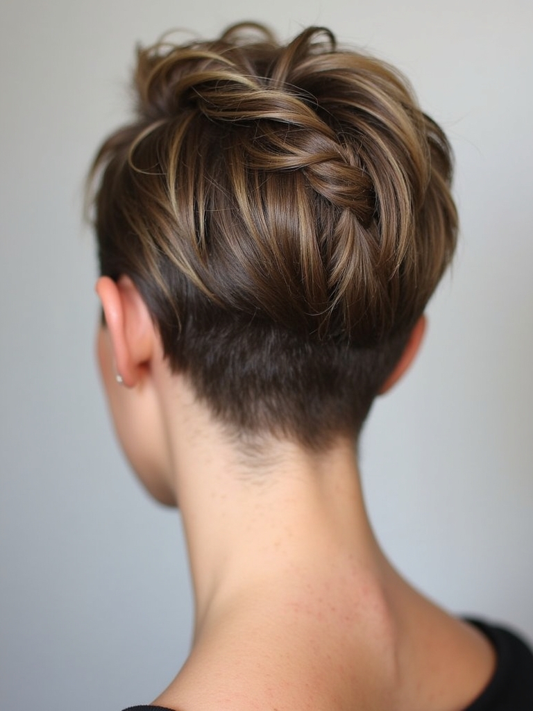 Stacked Pixie Haircut Back View: Deep Side Part